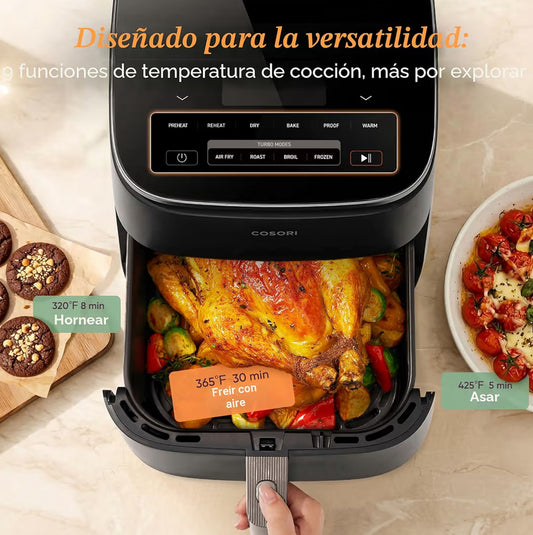 TurboBlaze 6 Qt 9-in-1 एयर फ्रायर, प्रीमियम सिरेमिक कोटिंग, 90°–450°F, एक समान परिणामों के लिए सटीक हीटिंग, एयर फ्राई, रोस्ट, बेक, ग्रिल, डिहाइड्रेट।