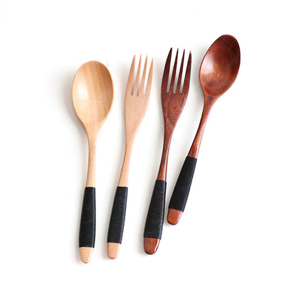 Juego de cuchara y tenedor de madera con mango ondulado