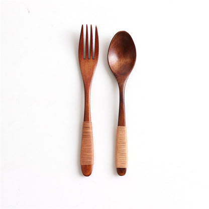 Juego de cuchara y tenedor de madera con mango ondulado