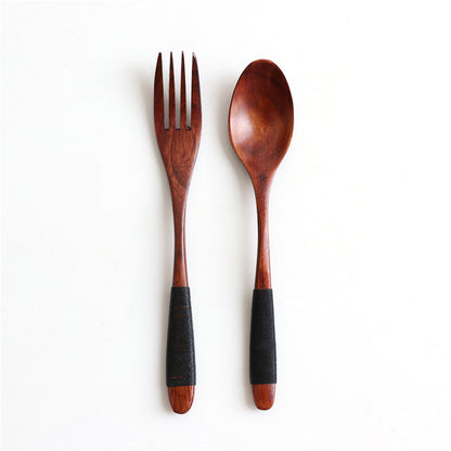 Juego de cuchara y tenedor de madera con mango ondulado