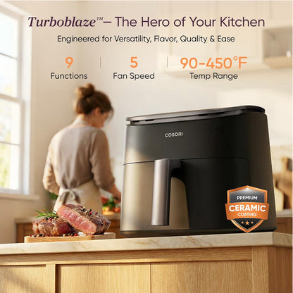 TurboBlaze 6 Qt 9-in-1 एयर फ्रायर, प्रीमियम सिरेमिक कोटिंग, 90°–450°F, एक समान परिणामों के लिए सटीक हीटिंग, एयर फ्राई, रोस्ट, बेक, ग्रिल, डिहाइड्रेट।