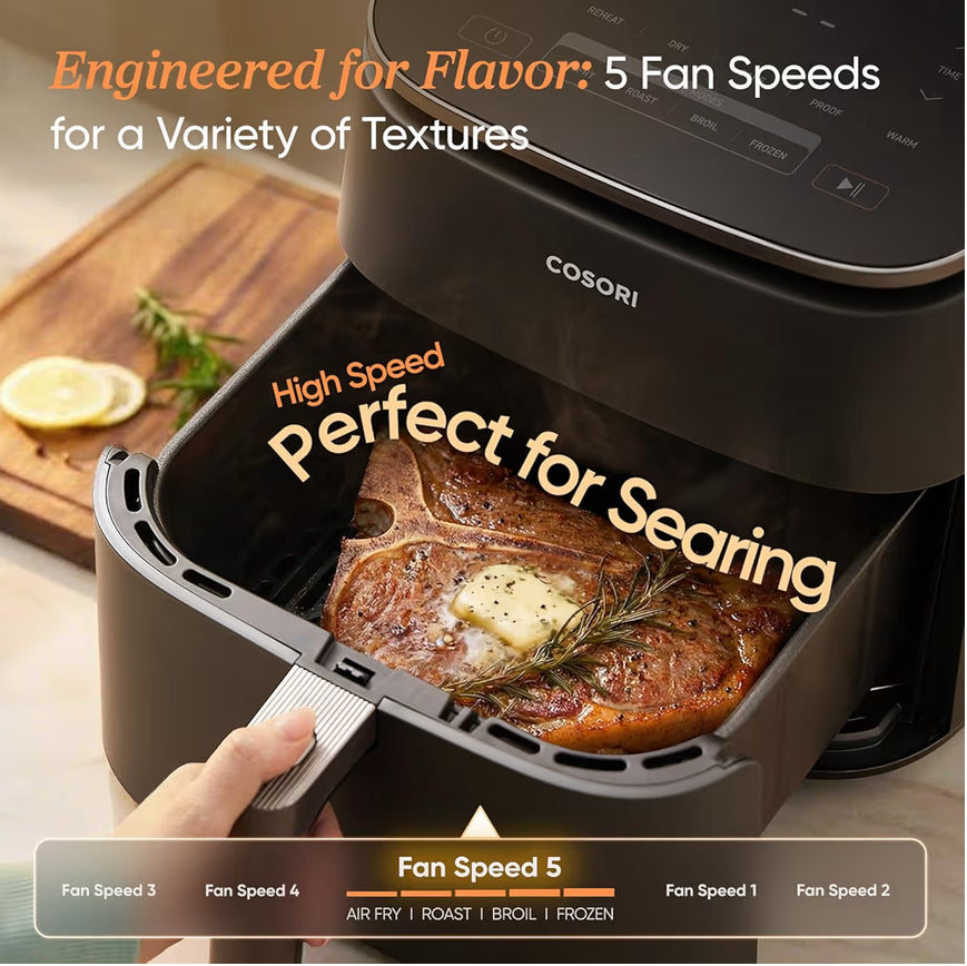 TurboBlaze 6 Qt 9-in-1 एयर फ्रायर, प्रीमियम सिरेमिक कोटिंग, 90°–450°F, एक समान परिणामों के लिए सटीक हीटिंग, एयर फ्राई, रोस्ट, बेक, ग्रिल, डिहाइड्रेट।
