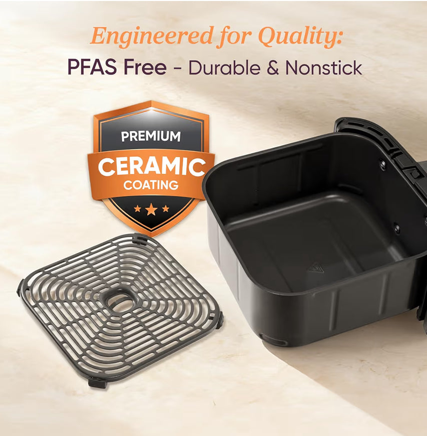 TurboBlaze 6 Qt 9-in-1 एयर फ्रायर, प्रीमियम सिरेमिक कोटिंग, 90°–450°F, एक समान परिणामों के लिए सटीक हीटिंग, एयर फ्राई, रोस्ट, बेक, ग्रिल, डिहाइड्रेट।
