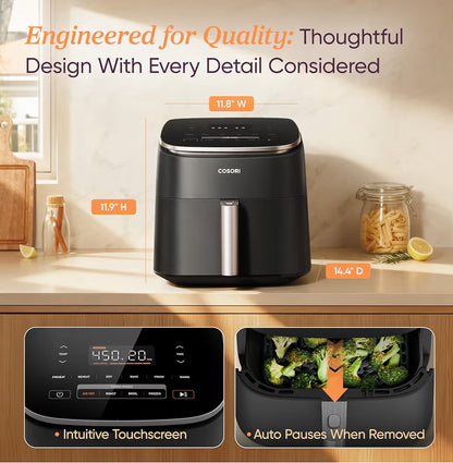 TurboBlaze 6 Qt 9-in-1 एयर फ्रायर, प्रीमियम सिरेमिक कोटिंग, 90°–450°F, एक समान परिणामों के लिए सटीक हीटिंग, एयर फ्राई, रोस्ट, बेक, ग्रिल, डिहाइड्रेट।