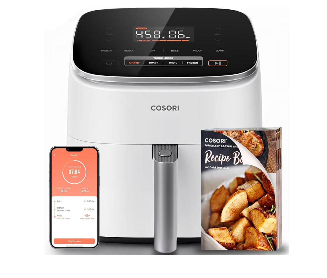 TurboBlaze 6 Qt 9-in-1 एयर फ्रायर, प्रीमियम सिरेमिक कोटिंग, 90°–450°F, एक समान परिणामों के लिए सटीक हीटिंग, एयर फ्राई, रोस्ट, बेक, ग्रिल, डिहाइड्रेट।